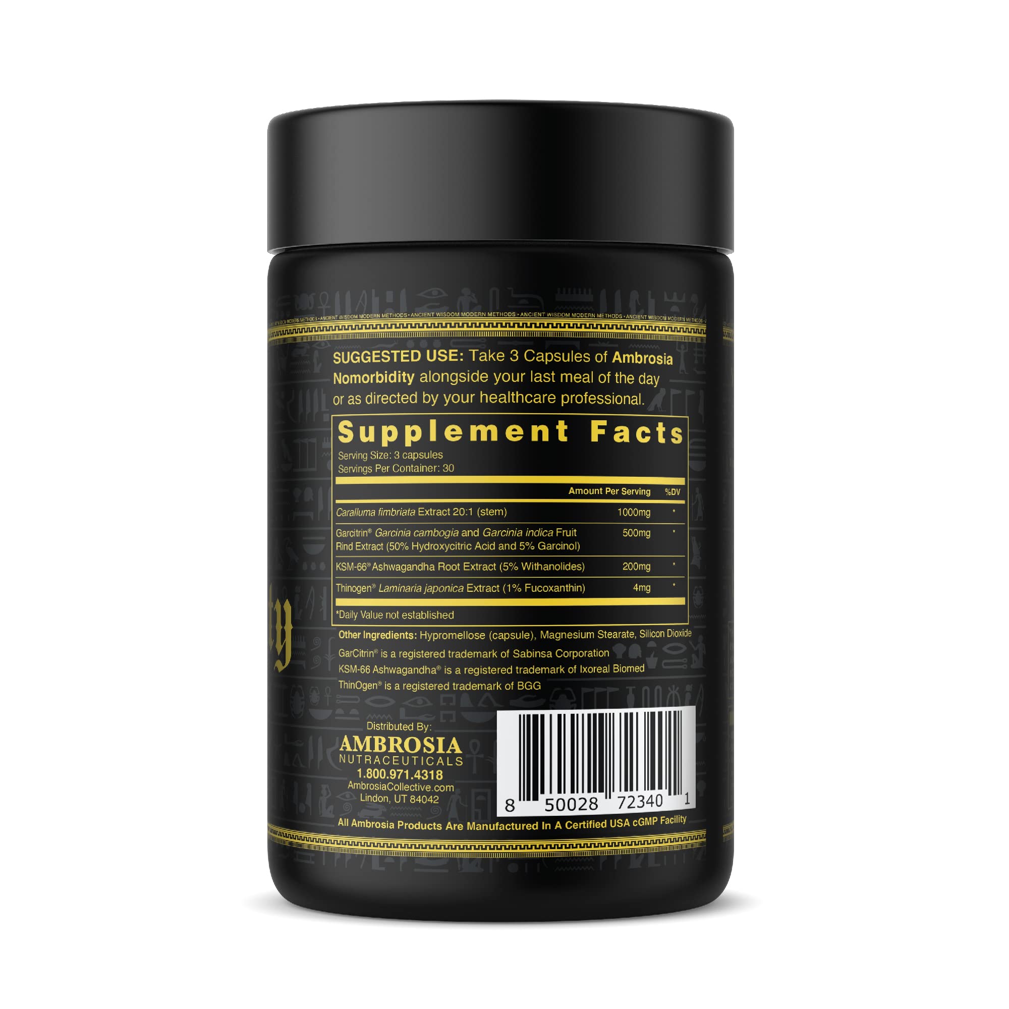 Nomorbidity label detail featuring Caralluma Fimbriata extract and stimulant-free claim.