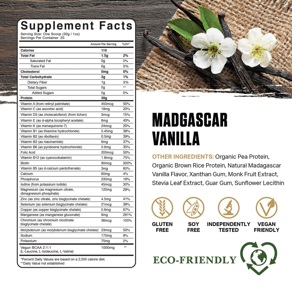 Ambrosia Planta plant protein blend with pea, brown rice, and fermented sunflower.