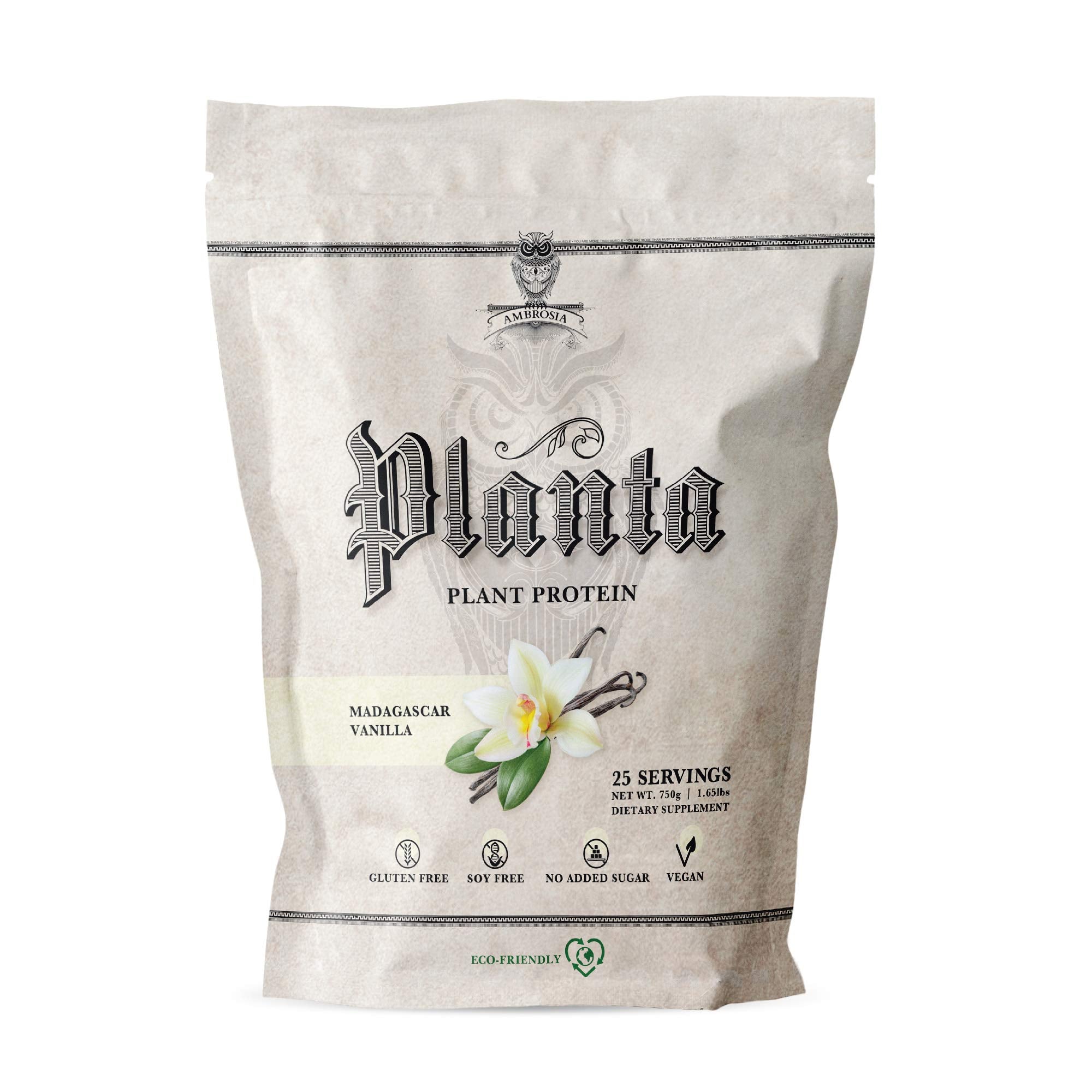 Ambrosia Planta vanilla protein powder tub for dairy-free muscle fueling.