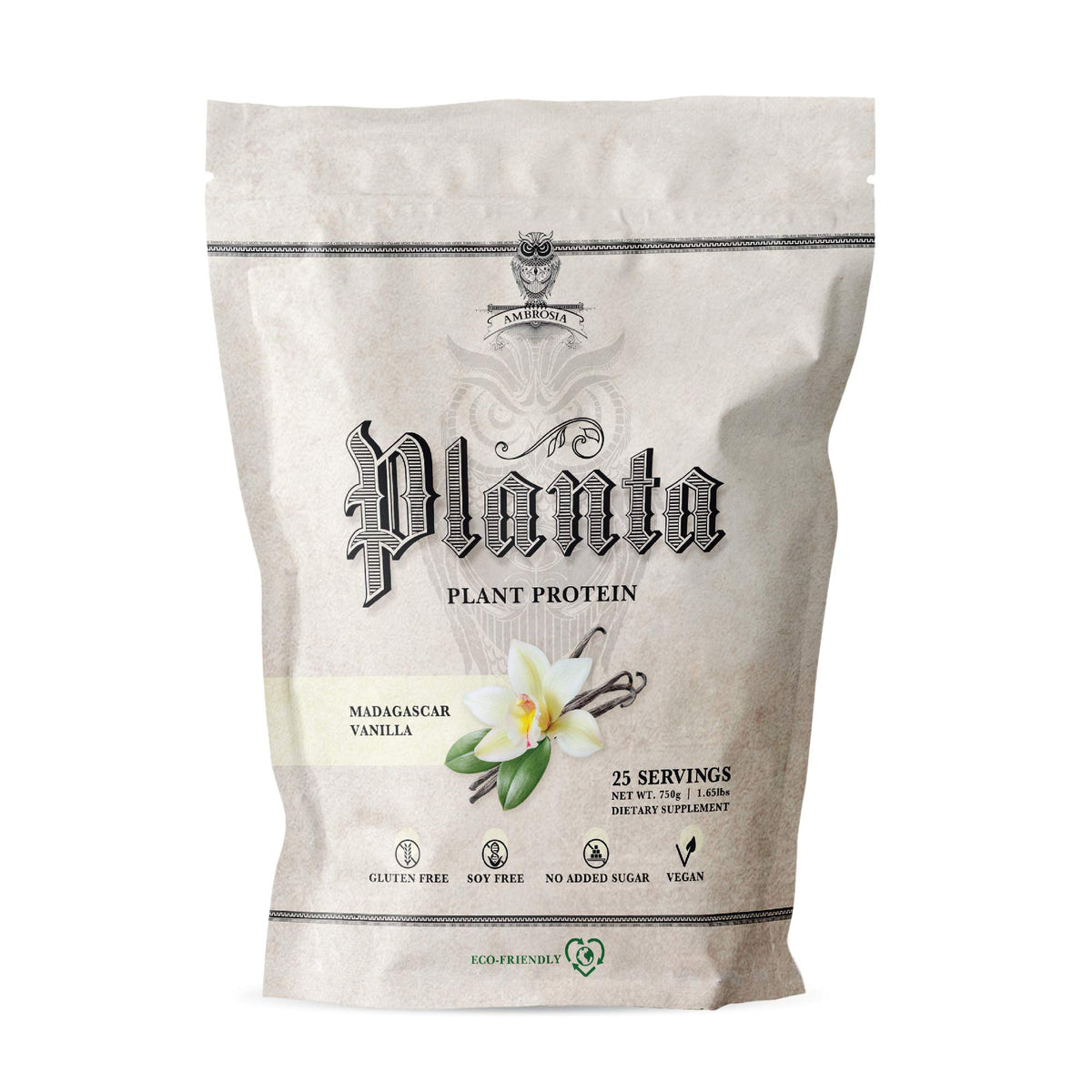 Ambrosia Planta vanilla protein powder tub for dairy-free muscle fueling.