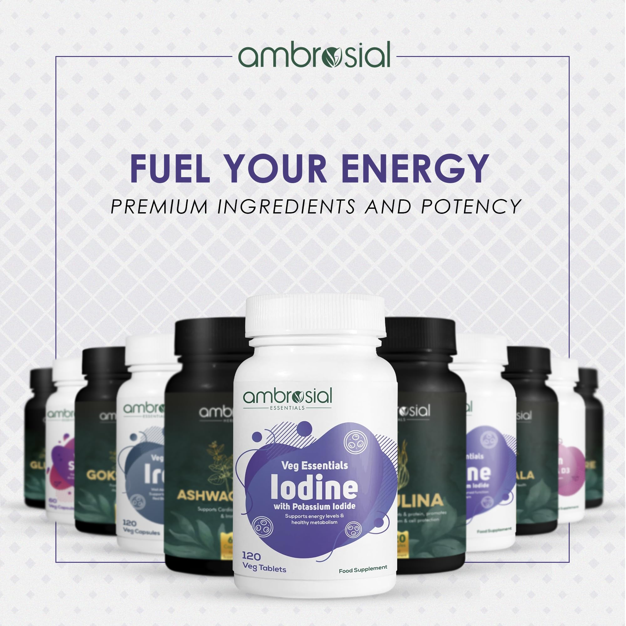 Ambrosial Iodine 5000mcg bottle on shelf signals everyday wellness.