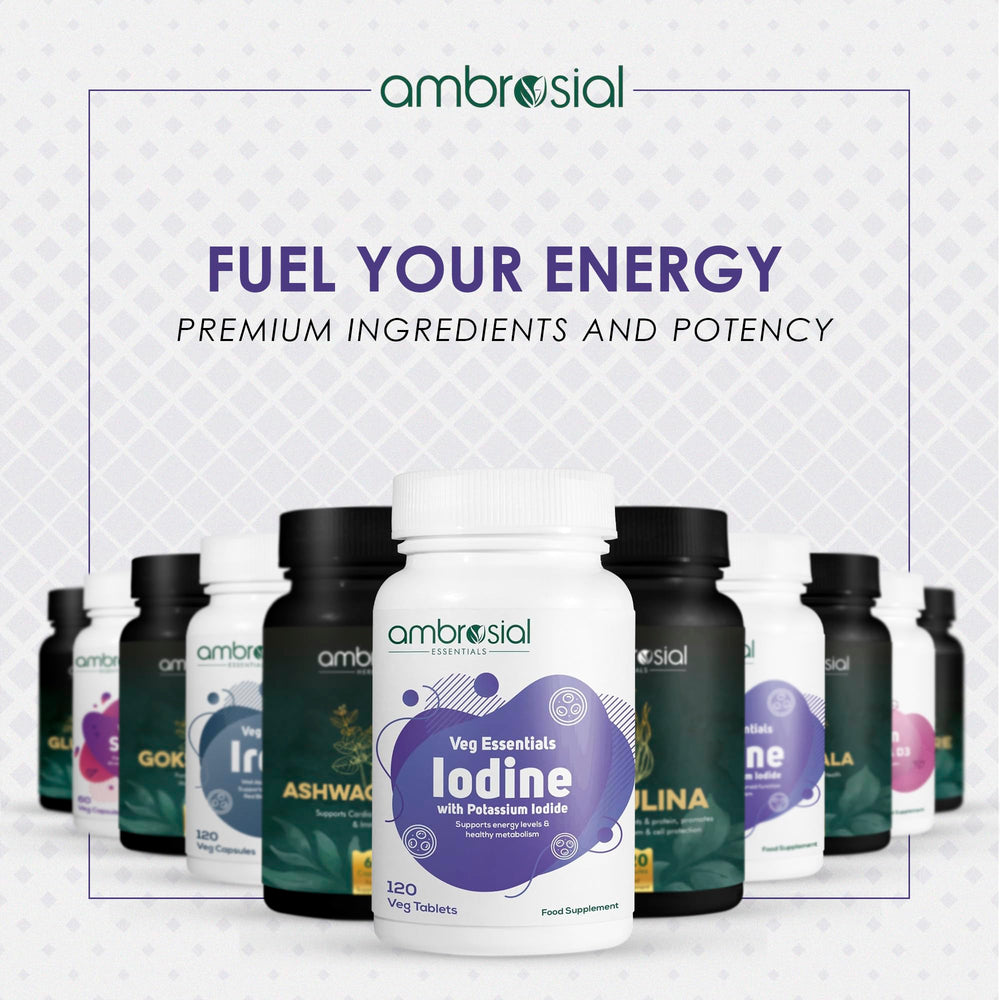 Ambrosial Iodine 5000mcg bottle on shelf signals everyday wellness.