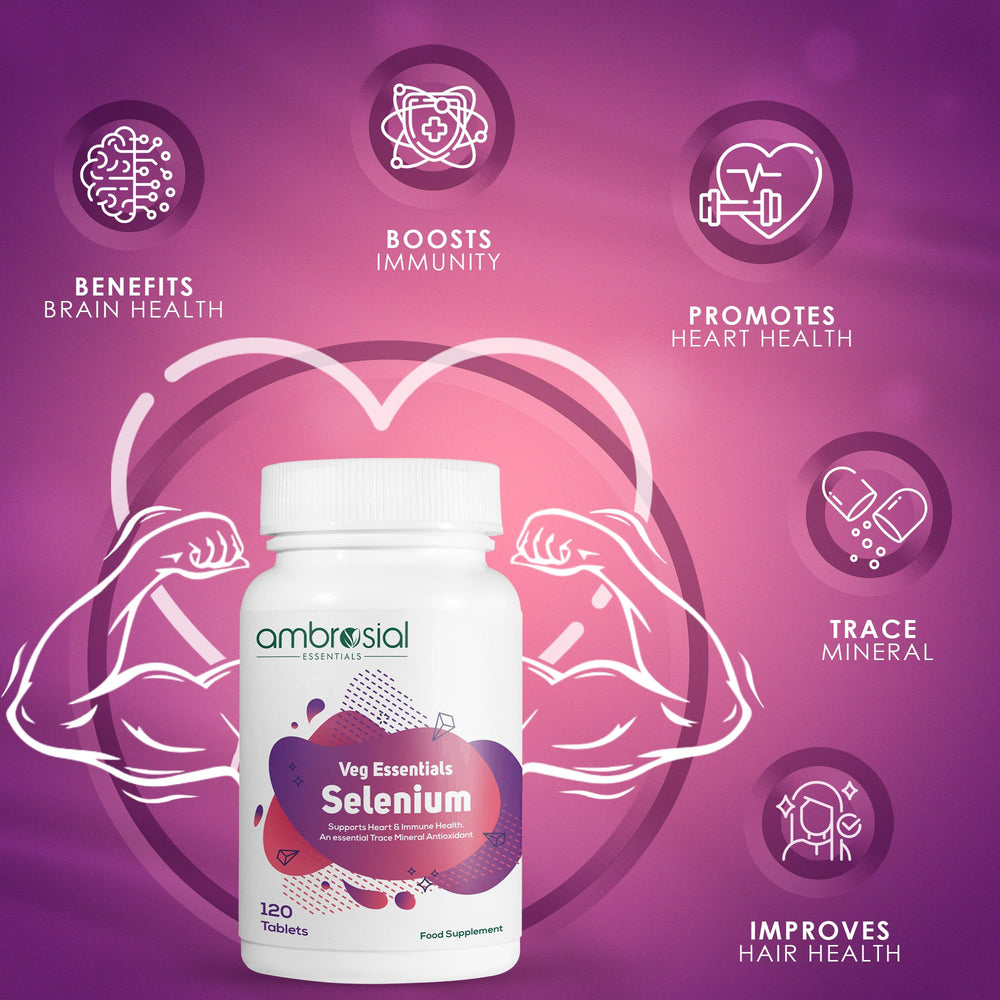 Ambrosial Selenium label close-up highlighting product details and purity commitment.