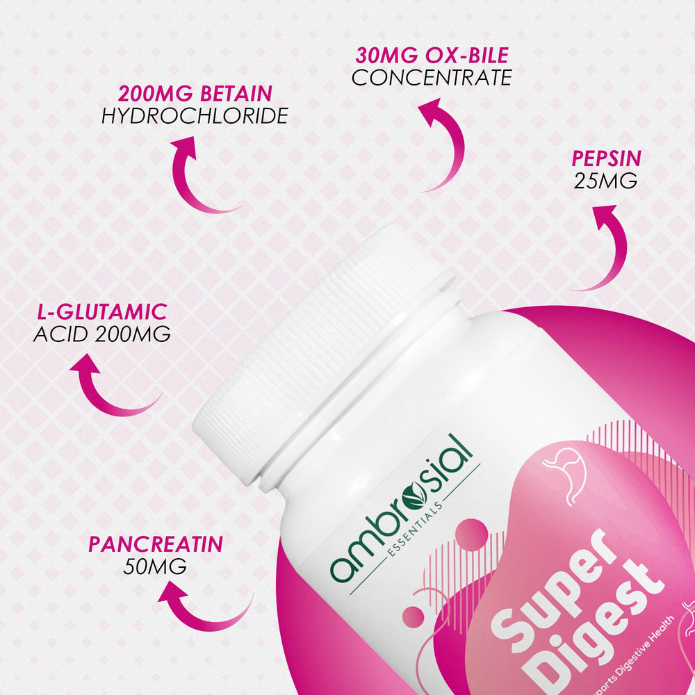 Close-up of AMBROSIAL Super Digest capsules for daily post-meal use