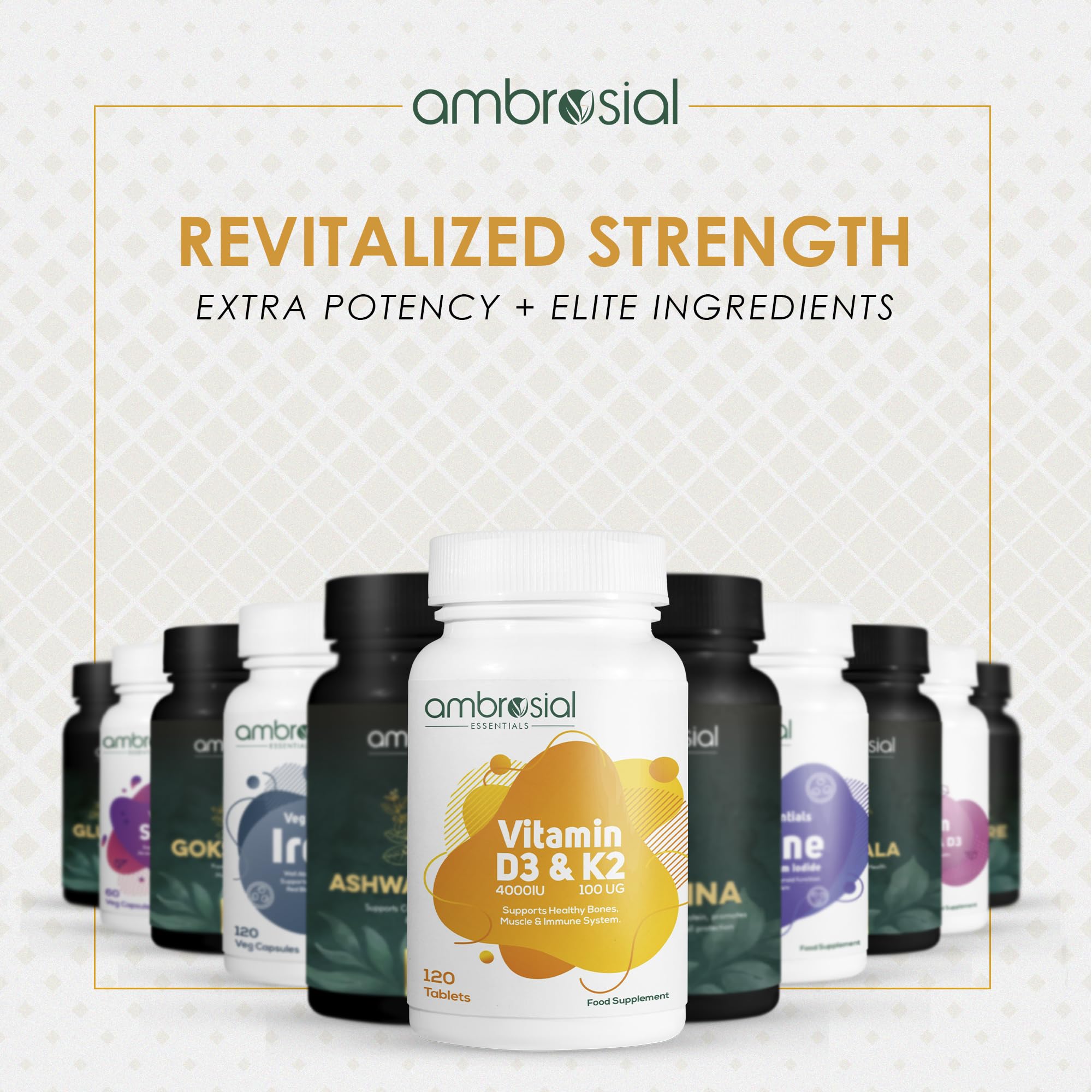 Ambrosial Vitamin D3 & K2 tablets bone health visuals emphasize supportive benefits.