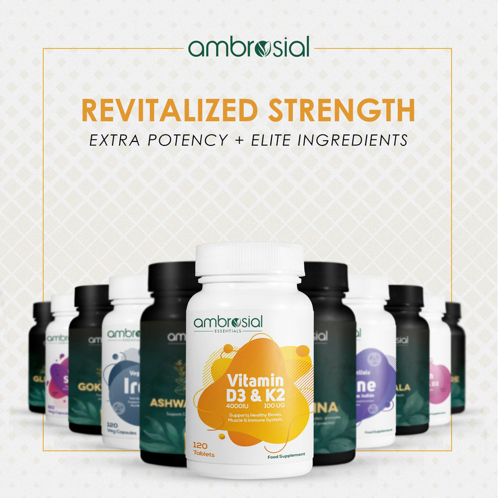 Ambrosial Vitamin D3 & K2 tablets bone health visuals emphasize supportive benefits.