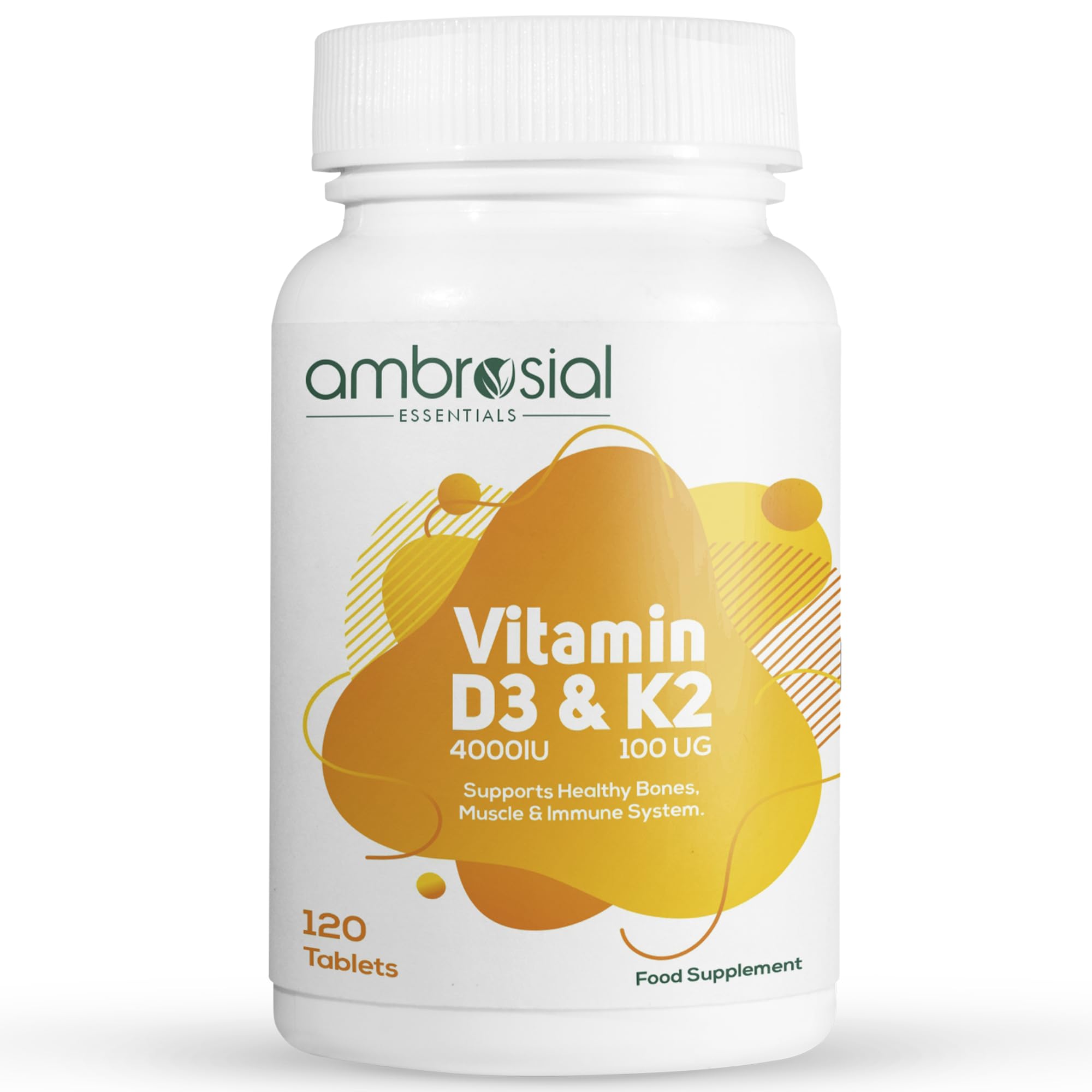 Ambrosial Vitamin D3 & K2 tablets bottle for daily bone support.