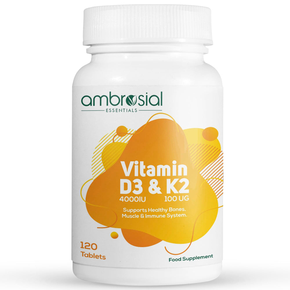 Ambrosial Vitamin D3 & K2 tablets bottle for daily bone support.