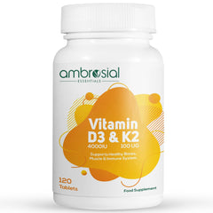 Ambrosial Vitamin D3 & K2 tablets bottle for daily bone support.