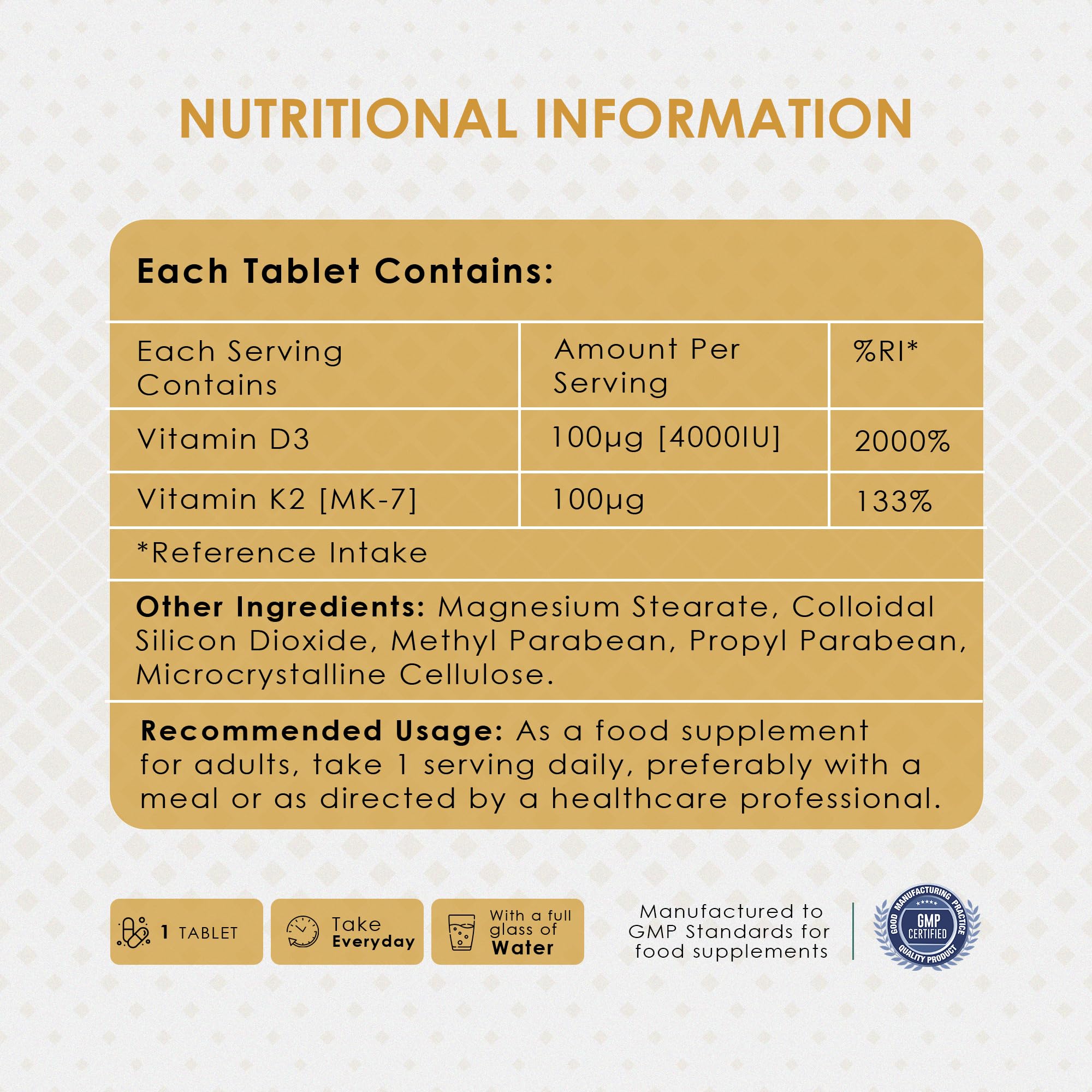 Ambrosial Vitamin D3 & K2 tablets GMP stamp close-up signals quality control.