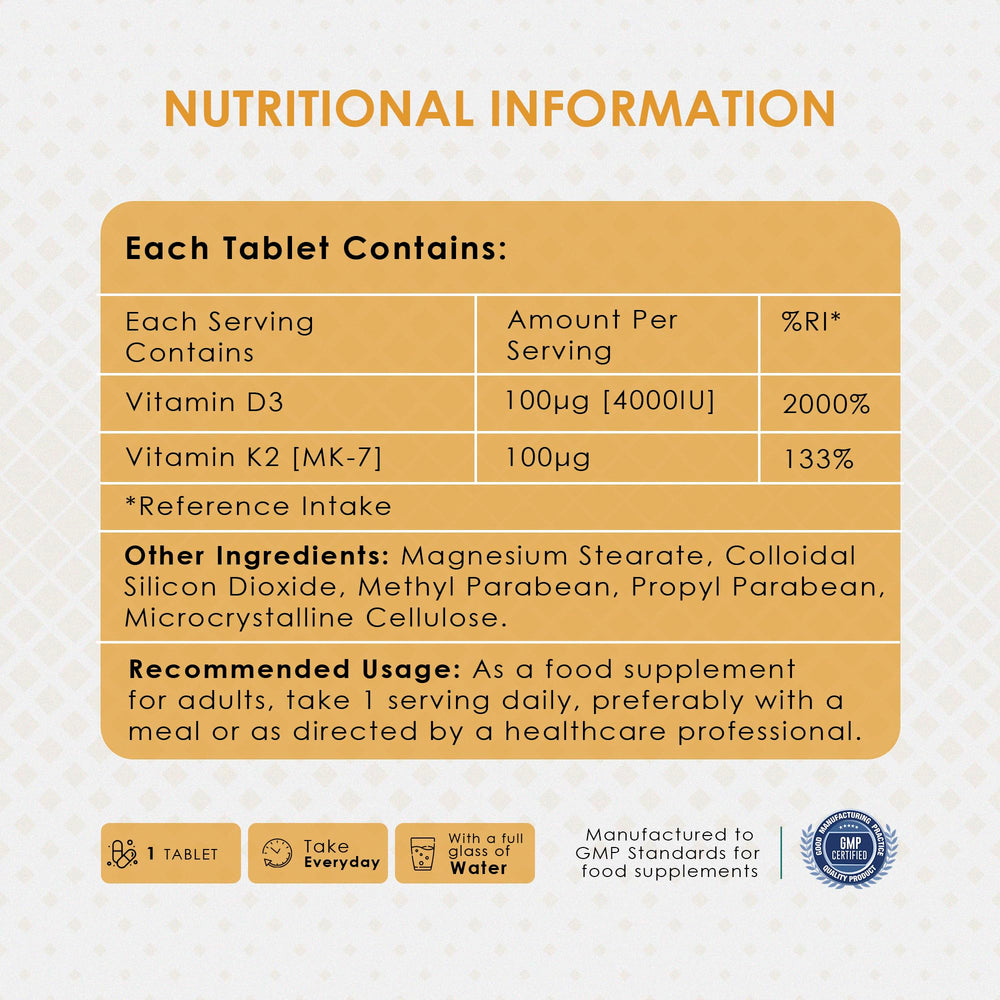 Ambrosial Vitamin D3 & K2 tablets GMP stamp close-up signals quality control.