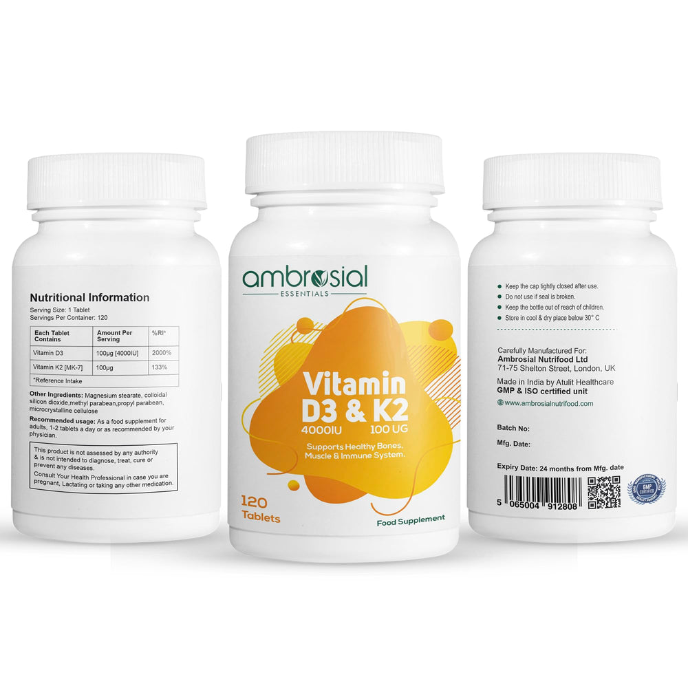 Ambrosial Vitamin D3 & K2 tablets immunity support packaging suggests holistic wellness.