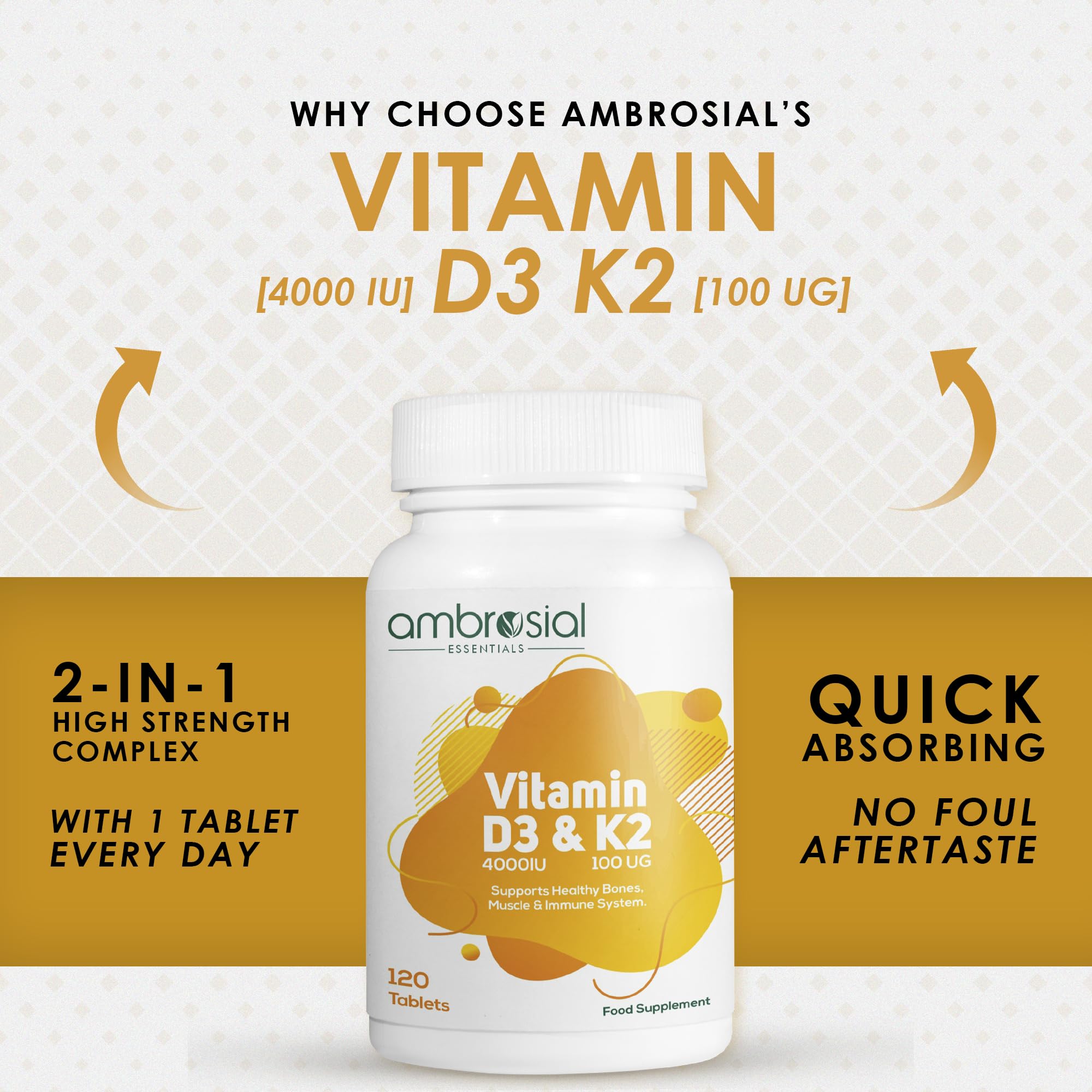 Ambrosial Vitamin D3 & K2 tablets label close-up emphasizes quality.