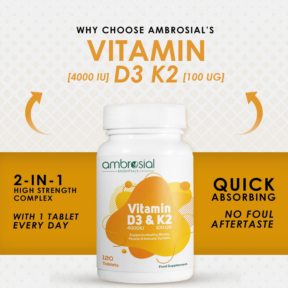 Ambrosial Vitamin D3 & K2 tablets label close-up emphasizes quality.