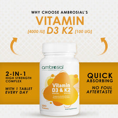 Ambrosial Vitamin D3 & K2 tablets label close-up emphasizes quality.