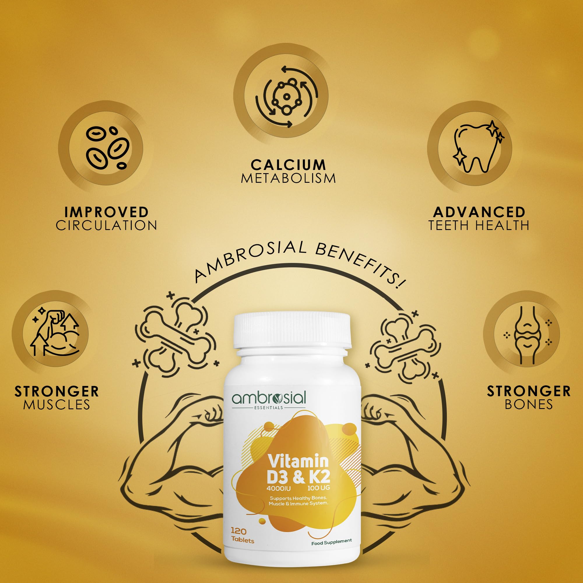 Ambrosial Vitamin D3 & K2 tablets pour shows easy, on-the-go daily dosing.