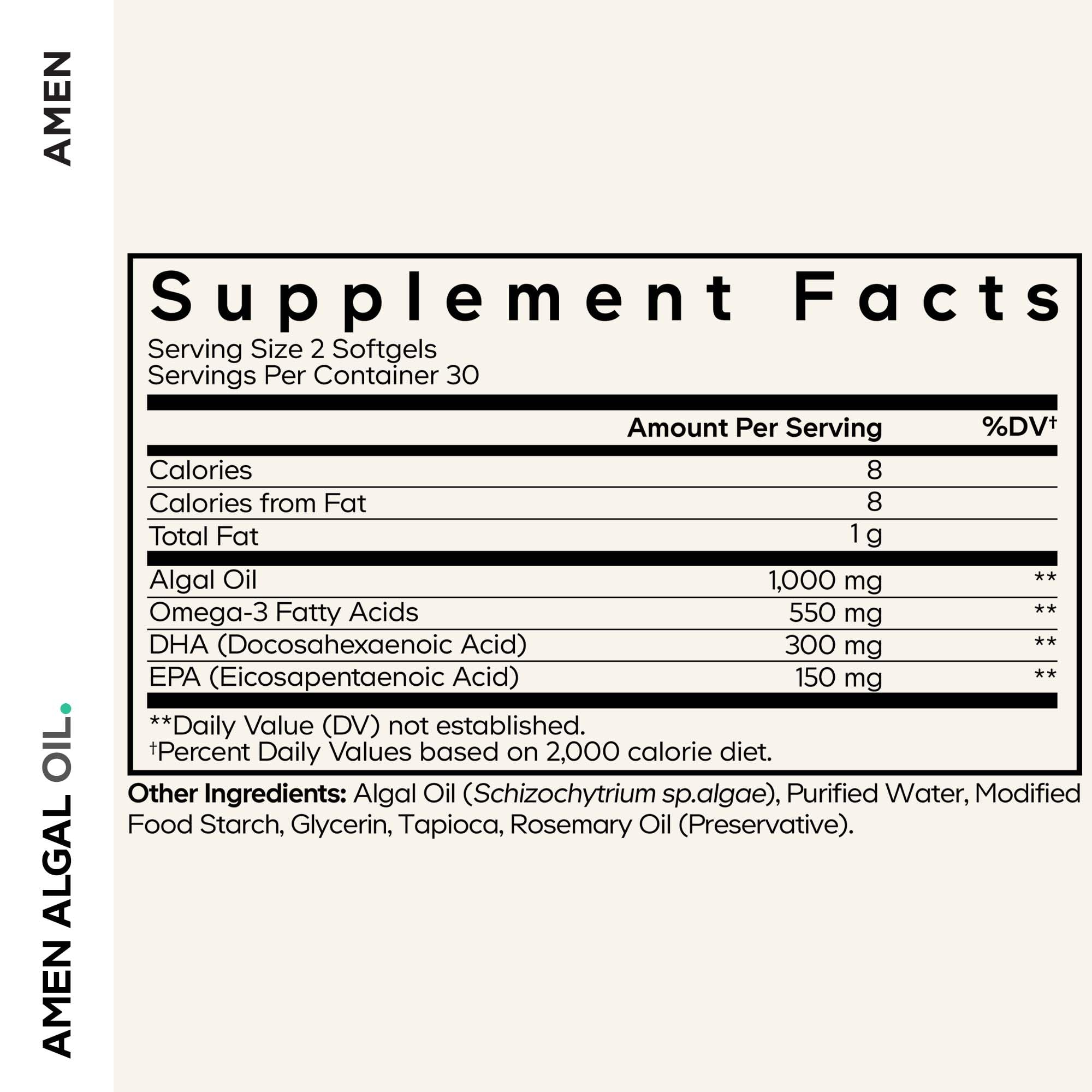 Amen Algal Oil DHA EPA capsules closeup for plant-based omega-3