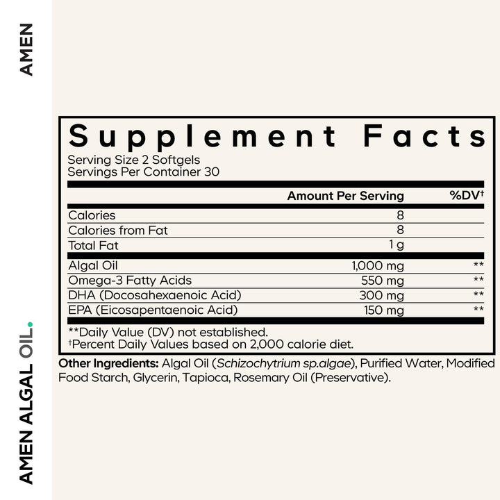 Amen Algal Oil DHA EPA capsules closeup for plant-based omega-3