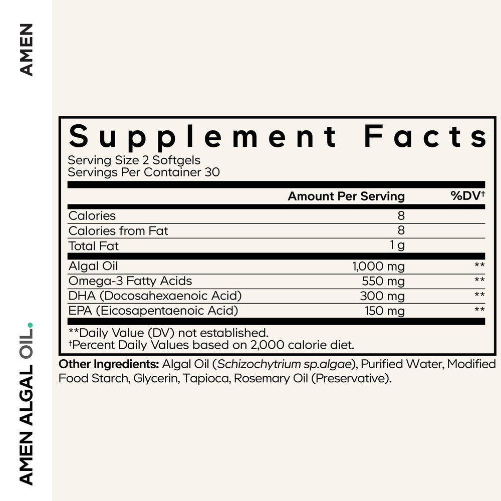 Amen Algal Oil DHA EPA capsules closeup for plant-based omega-3