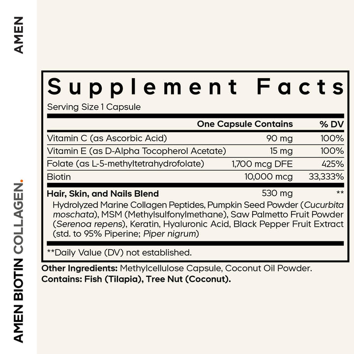 Amen Biotin Collagen tablets pack shown on a clean surface for daily use