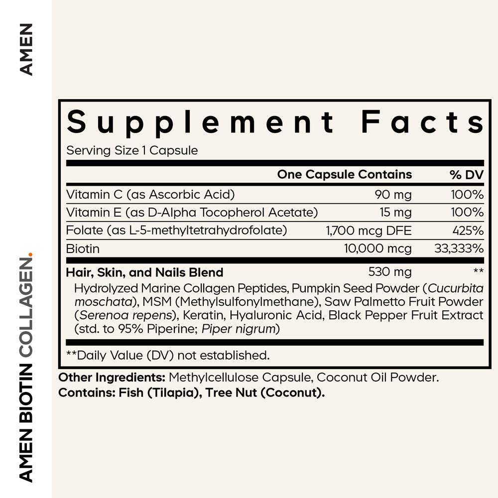 Amen Biotin Collagen tablets pack shown on a clean surface for daily use