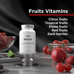 Amen Fruits citrus powder scoop features lemon, orange, apple extracts for vibrant daily nutrition