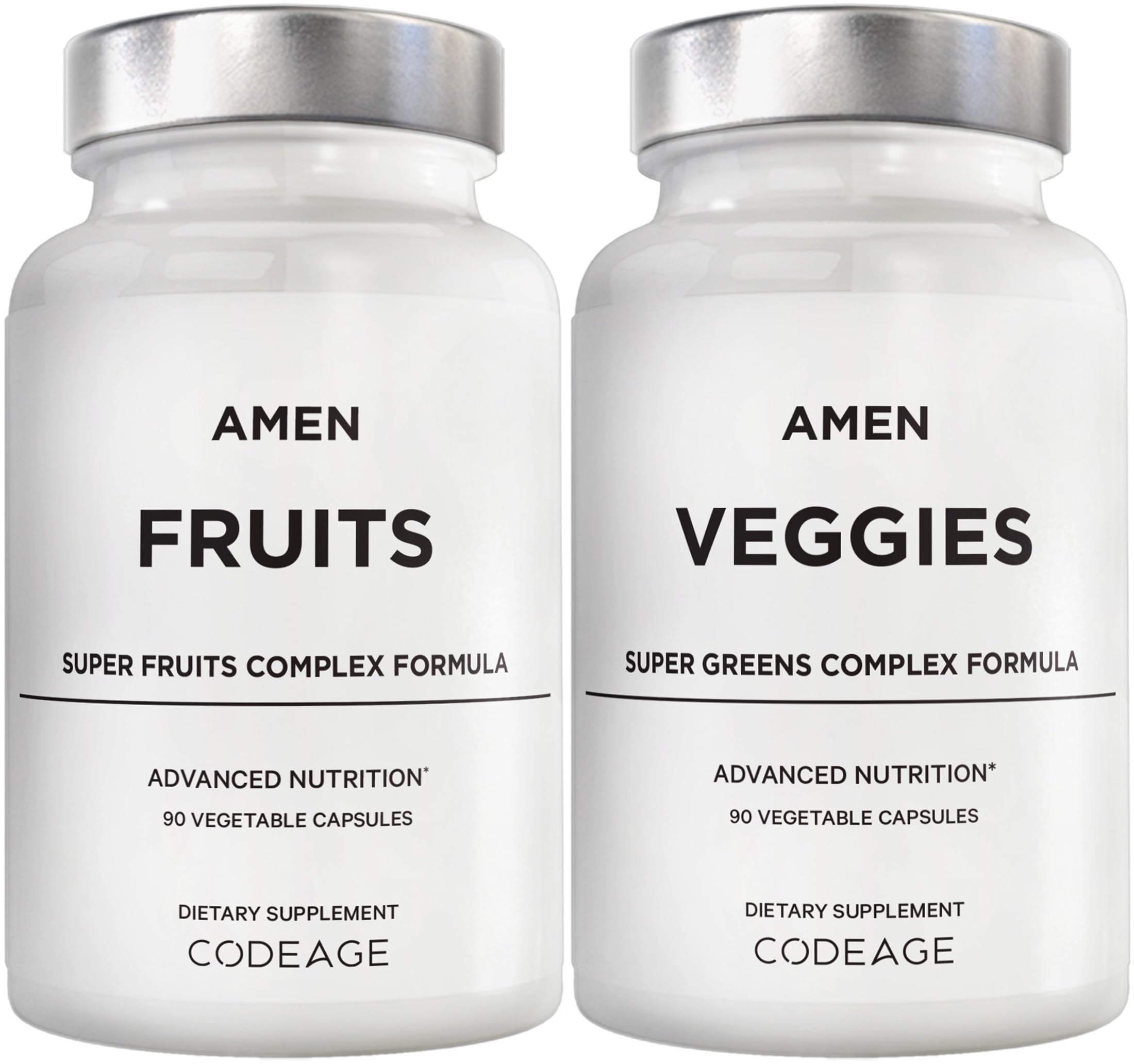 Amen Fruits and Veggies bundle bottle front, vegan daily multivitamin for balanced nutrition.
