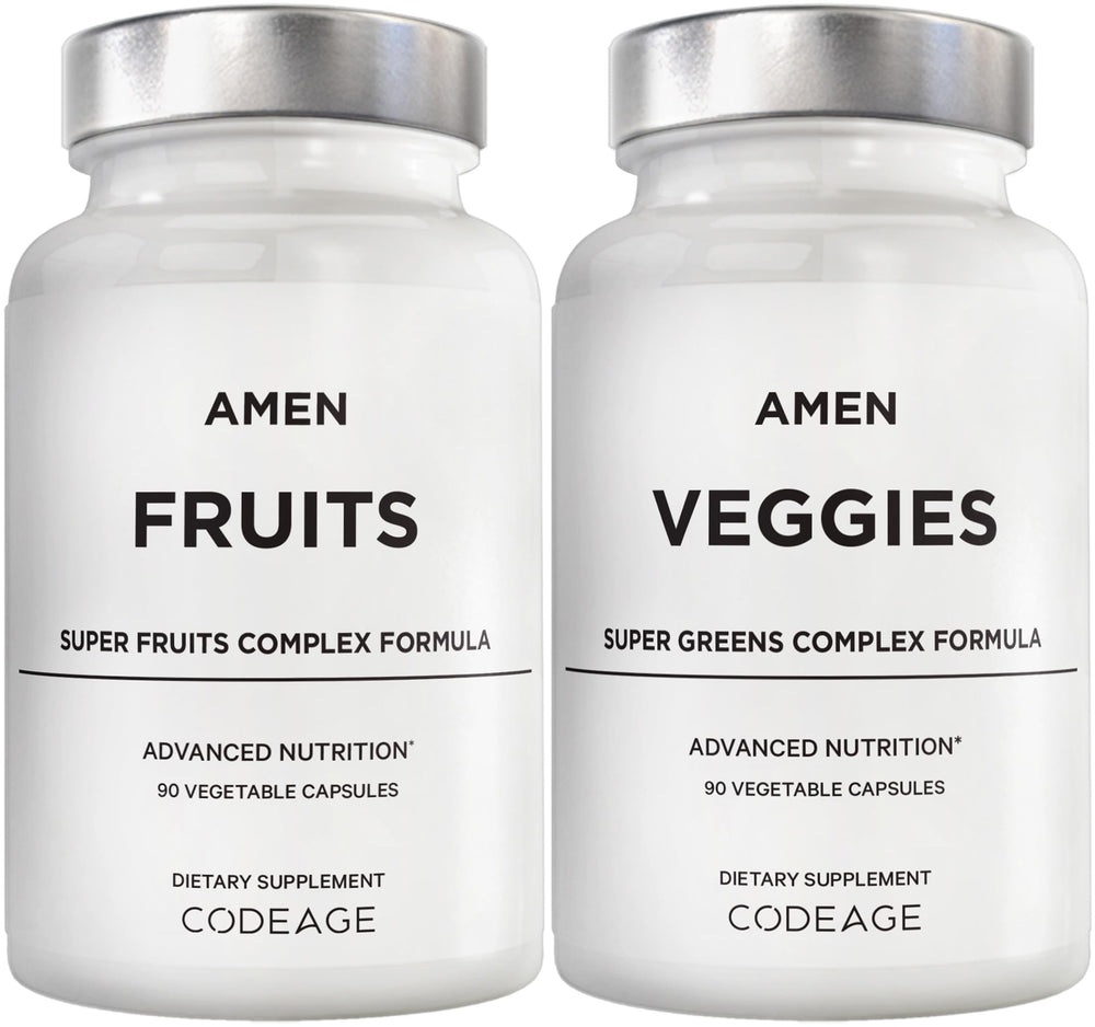 Amen Fruits and Veggies bundle bottle front, vegan daily multivitamin for balanced nutrition.