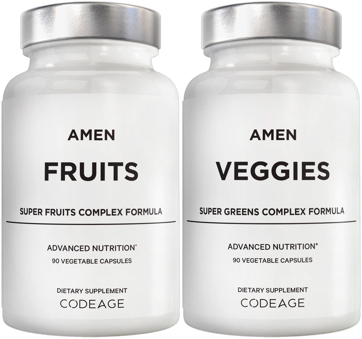 Amen Fruits and Veggies bundle bottle front, vegan daily multivitamin for balanced nutrition.