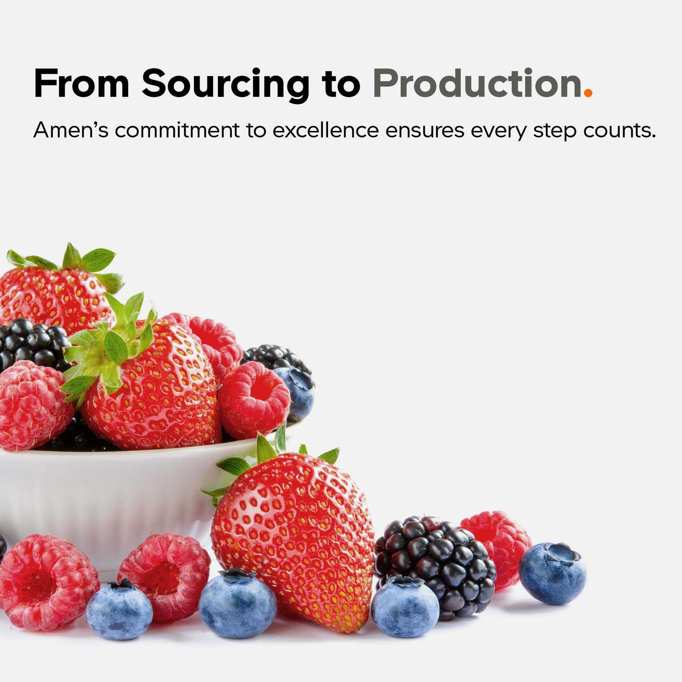 Amen Fruits and Veggies bundle USA manufacturing badge, quality and purity emphasis.