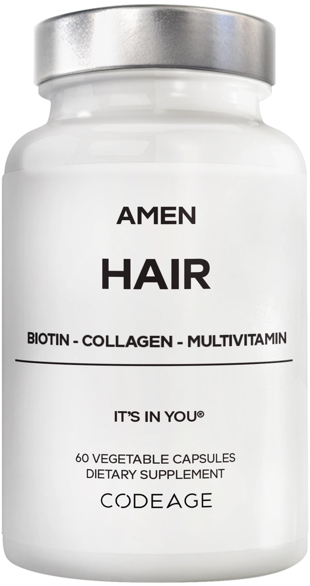 Amen Hair Vitamins bottle label highlighting a daily nourishment routine for hair