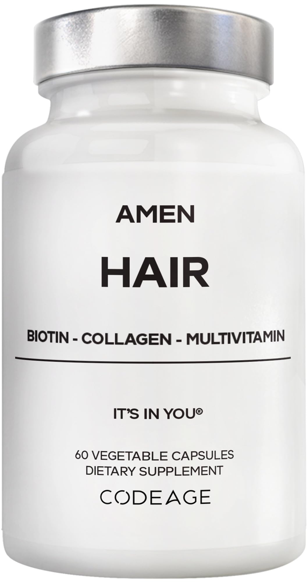 Amen Hair Vitamins bottle label highlighting a daily nourishment routine for hair