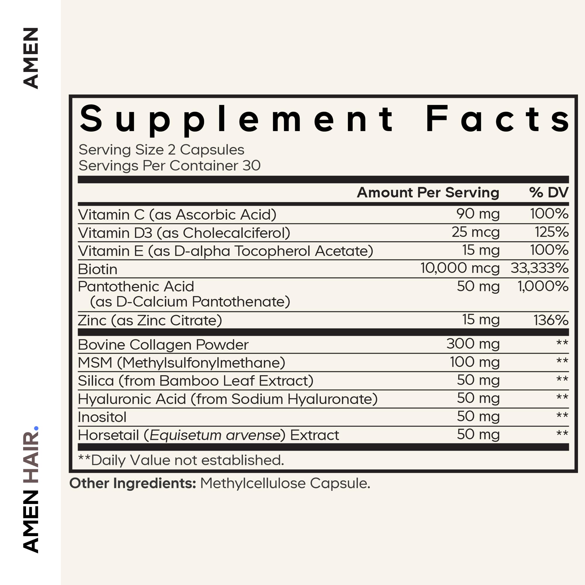 Amen Hair Vitamins capsules close-up showing the premium biotin and collagen blend