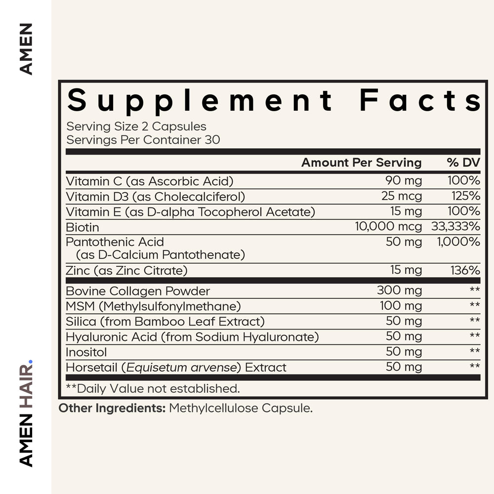 Amen Hair Vitamins capsules close-up showing the premium biotin and collagen blend