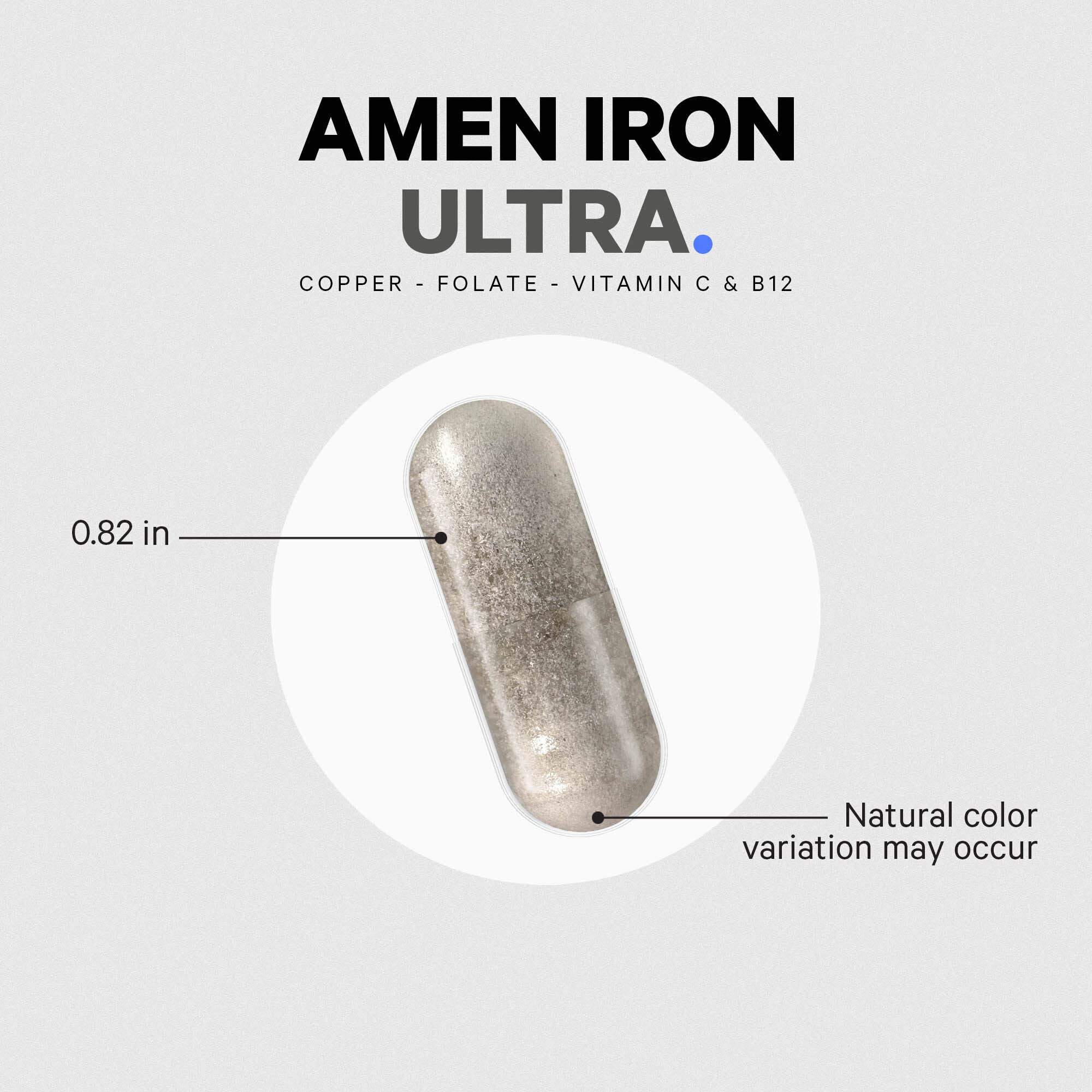 Back label nutrition panel on Amen Iron Ultra showing iron content and nutrients