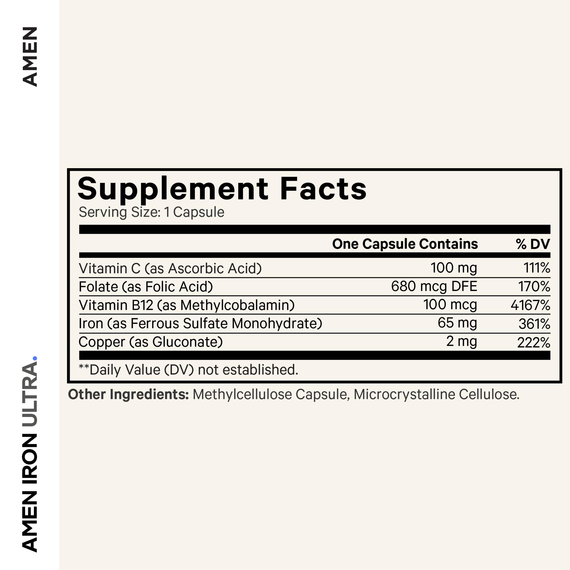 Close-up of Amen Iron Ultra capsules highlighting the high-potency iron formula