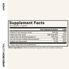 Close-up of Amen Iron Ultra capsules highlighting the high-potency iron formula