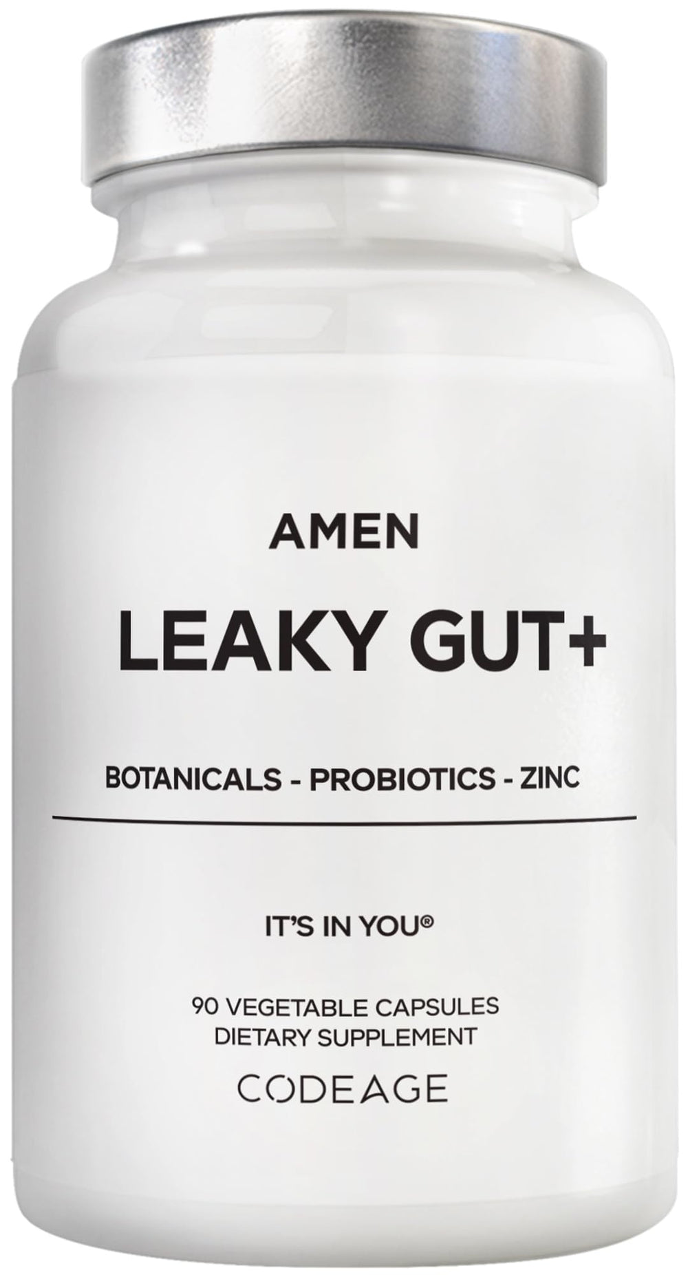 Amen Leaky Gut+ bottle label for daily digestive support.