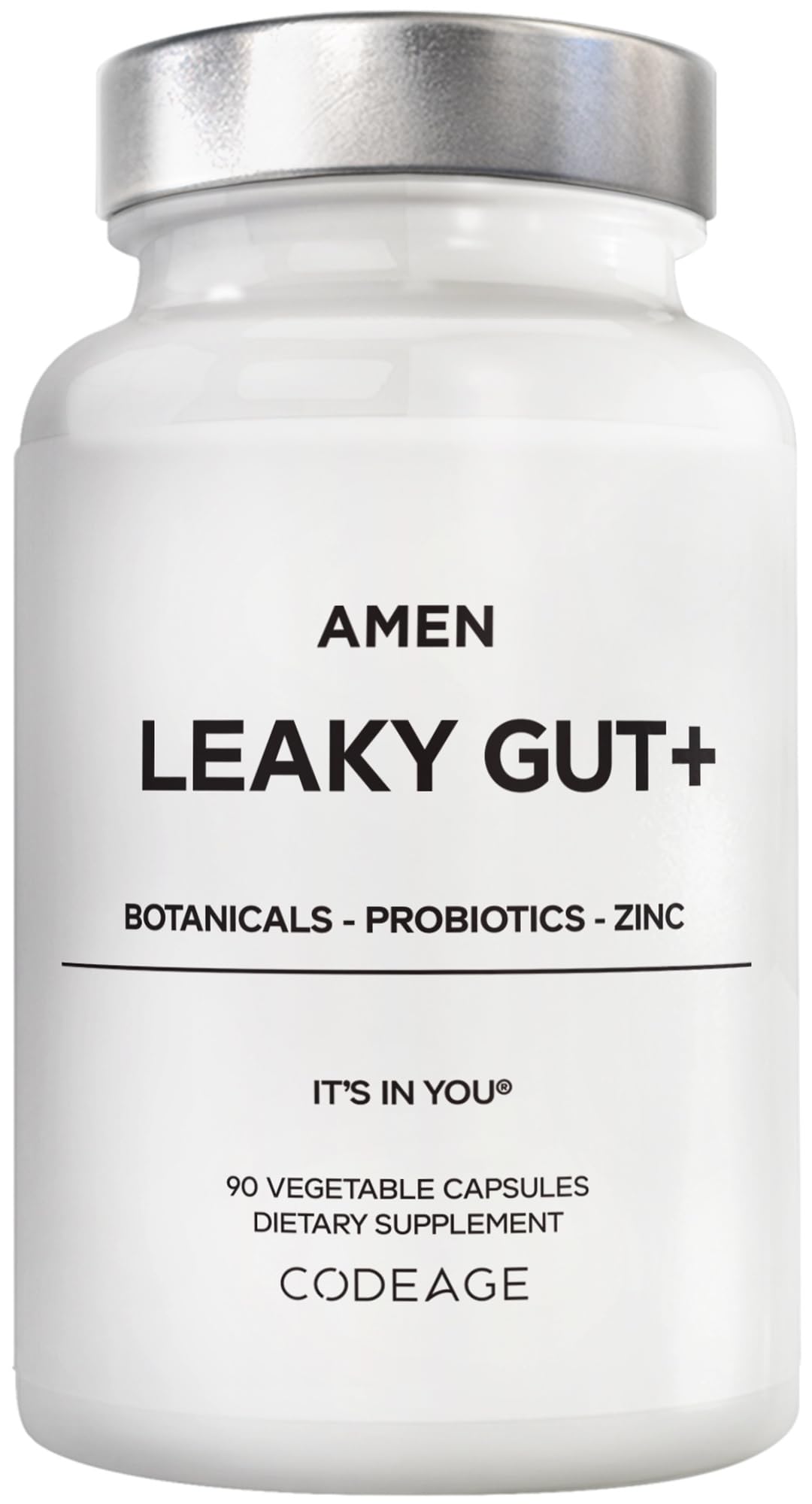 Amen Leaky Gut+ bottle label for daily digestive support.