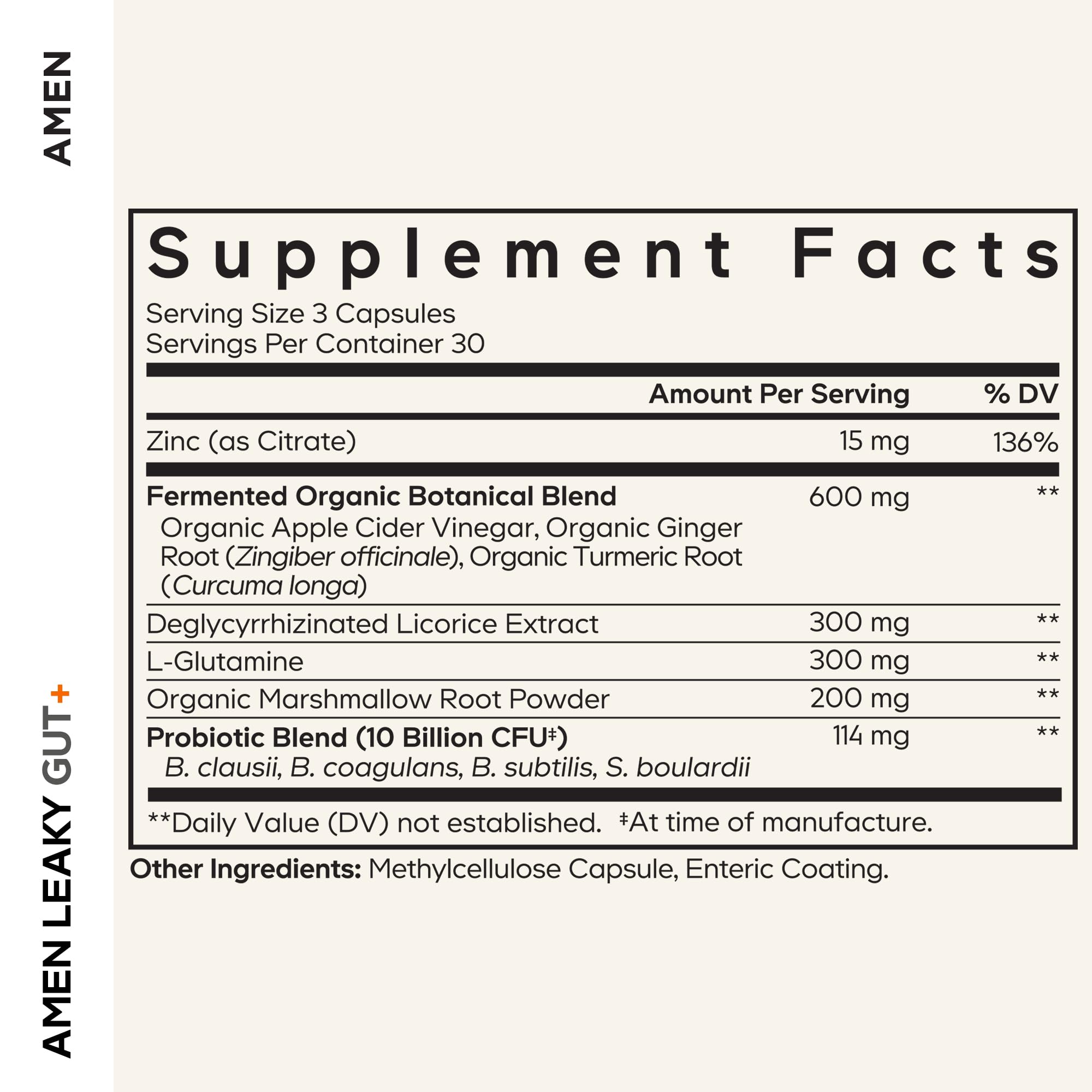 Amen Leaky Gut+ capsules close-up showing vegan capsules.