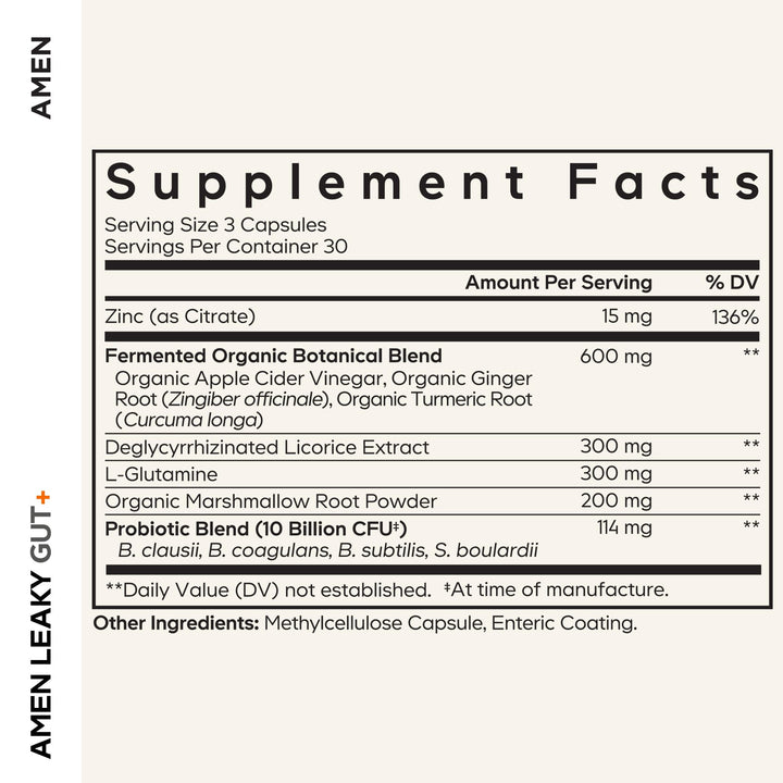 Amen Leaky Gut+ capsules close-up showing vegan capsules.