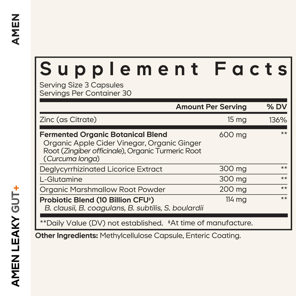 Amen Leaky Gut+ capsules close-up showing vegan capsules.