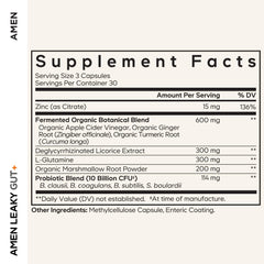 Amen Leaky Gut+ capsules close-up showing vegan capsules.