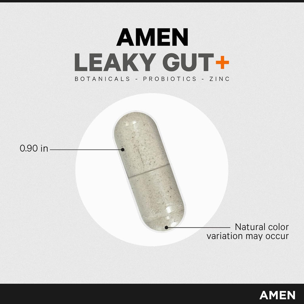 Amen Leaky Gut+ vegan capsules pack—non-GMO and soy-free.