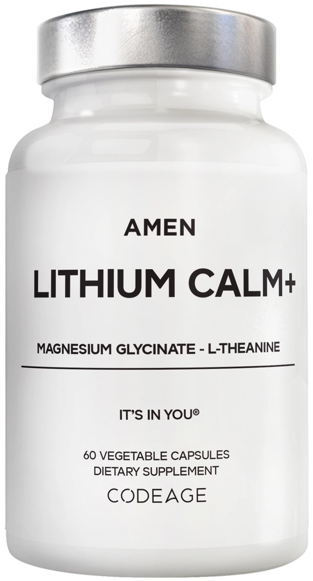 Amen Lithium Calm+ bottle with capsules for daily calm and focus.