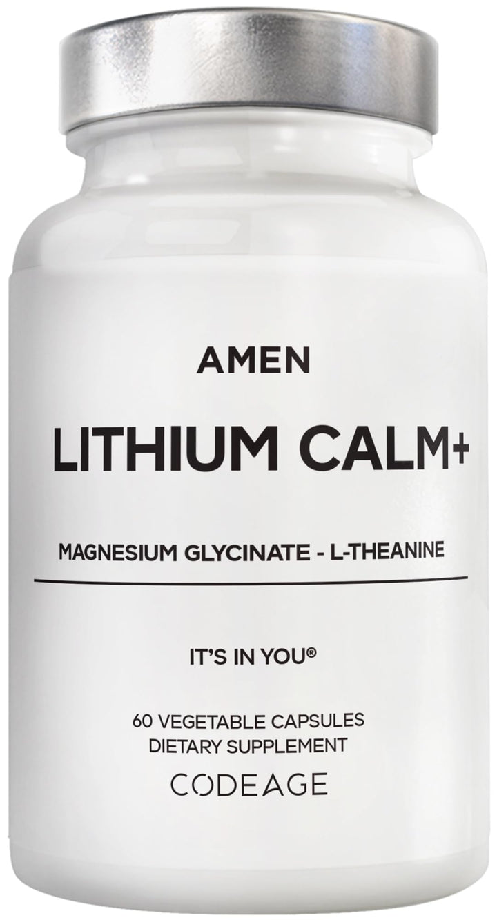 Amen Lithium Calm+ bottle with capsules for daily calm and focus.