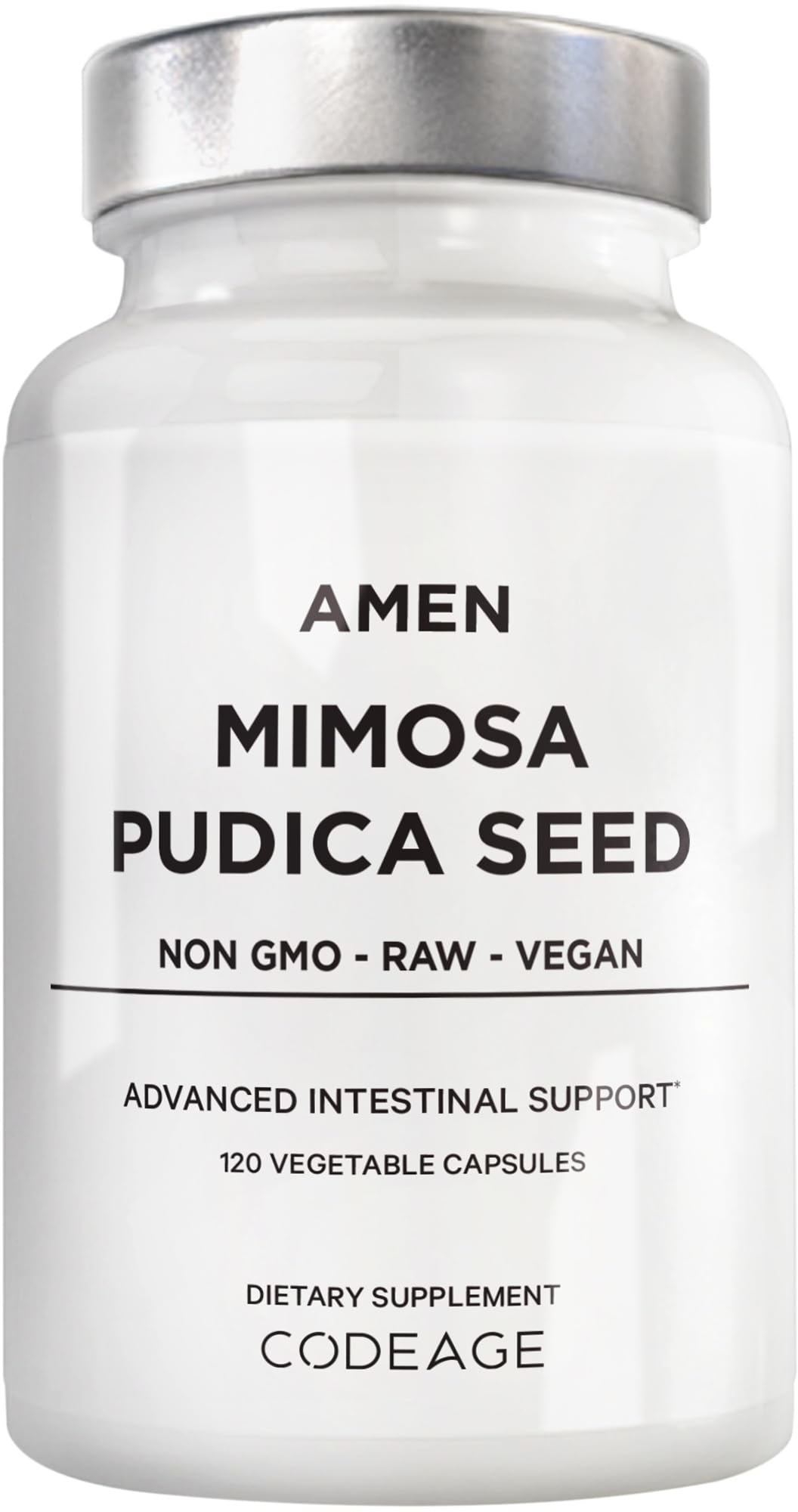 Amen Mimosa Pudica Seed Capsules bottle front view for vegan plant-based wellness.