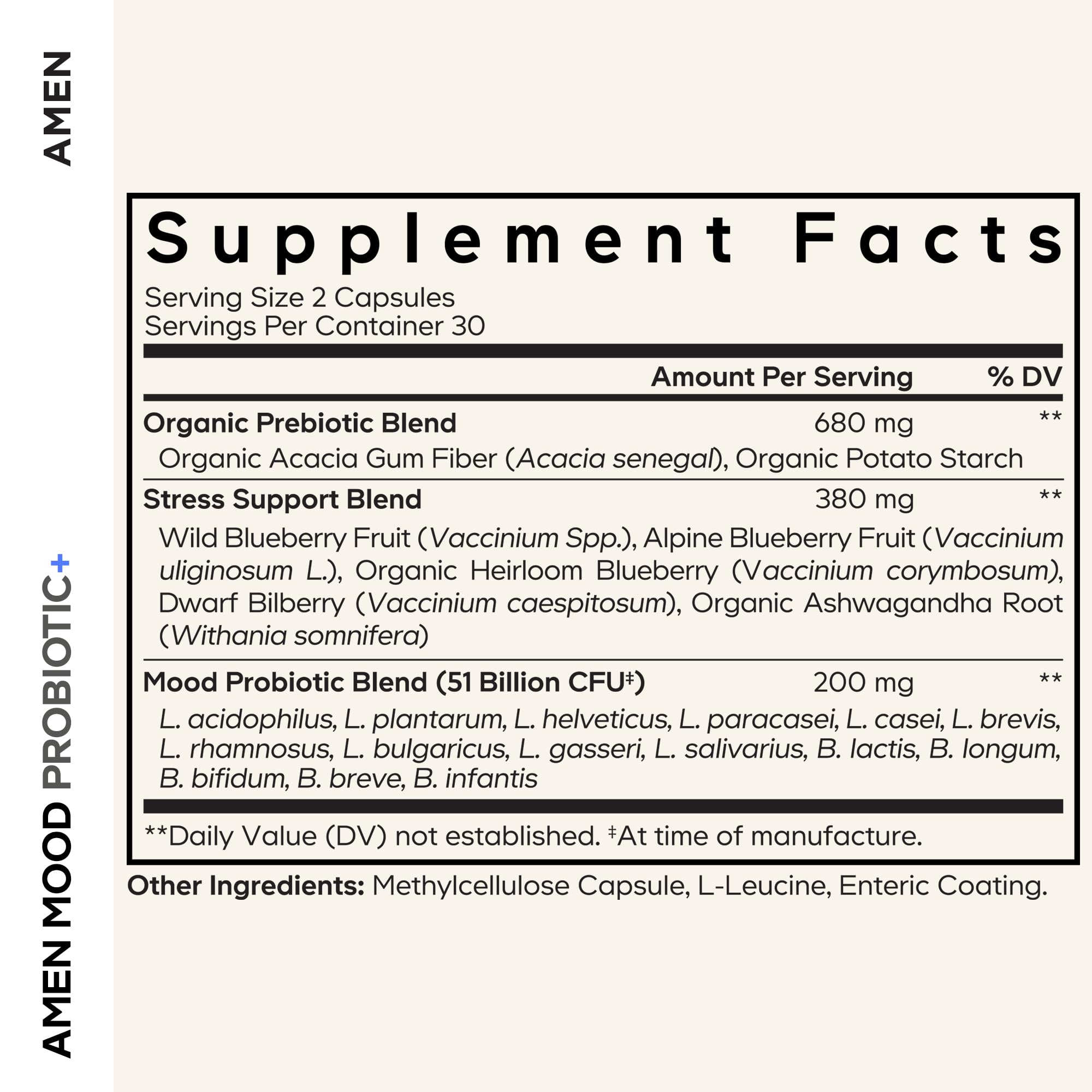 Amen Mood Probiotic label shows 15 strains for diverse gut health benefits.