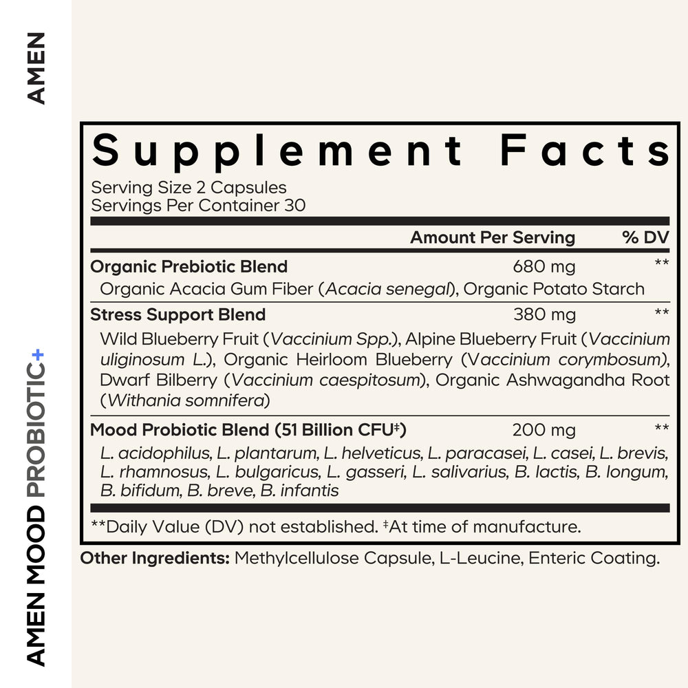 Amen Mood Probiotic label shows 15 strains for diverse gut health benefits.