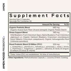Amen Mood Probiotic label shows 15 strains for diverse gut health benefits.